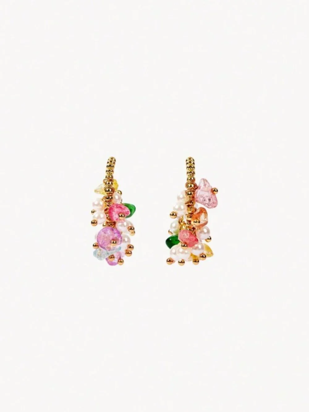 Gold Beaded Multicolor Stone & Pearl Cluster Hoop Earrings